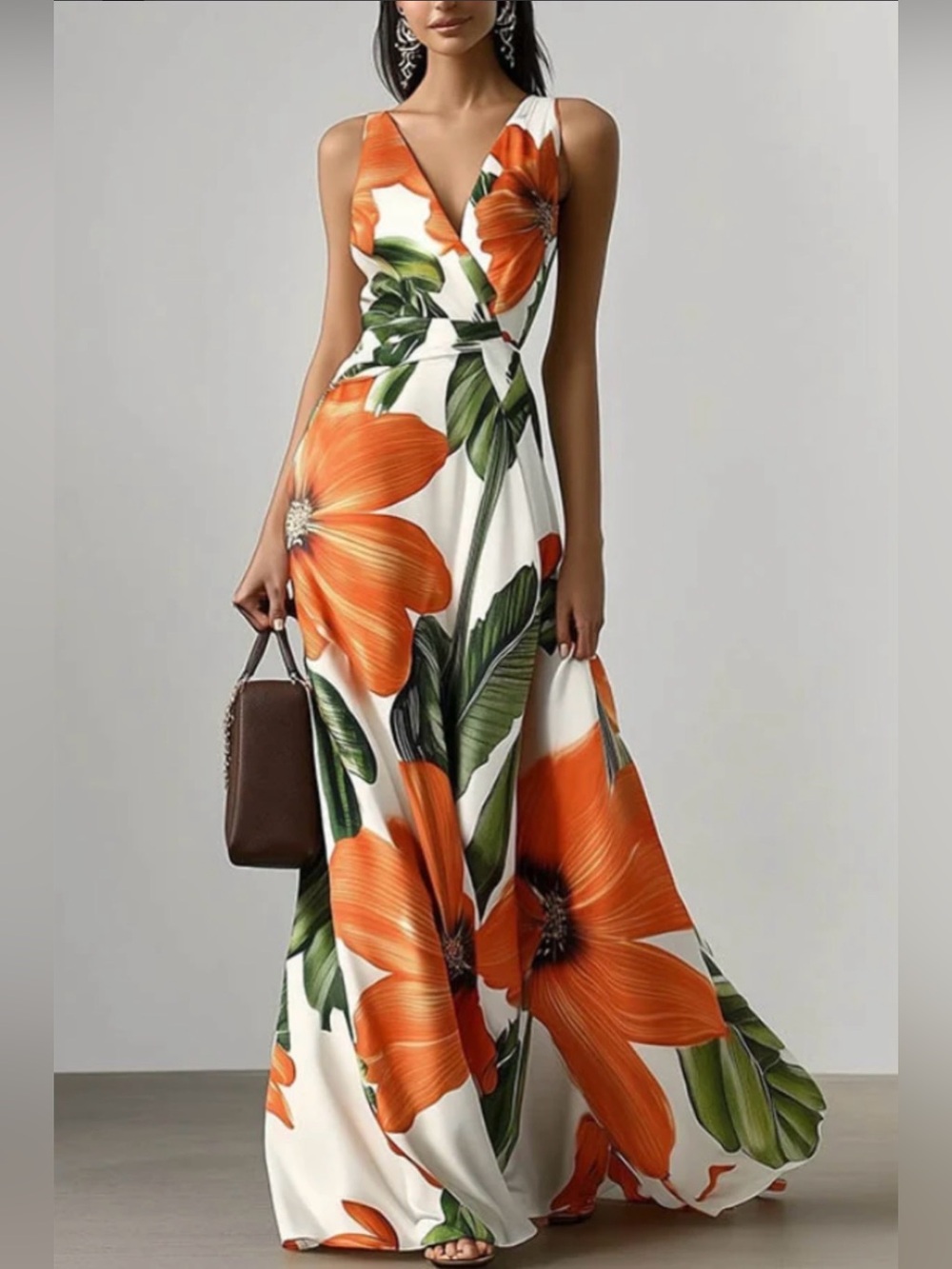 Fehaute Floral Maxi Dress in White & Orange NWT